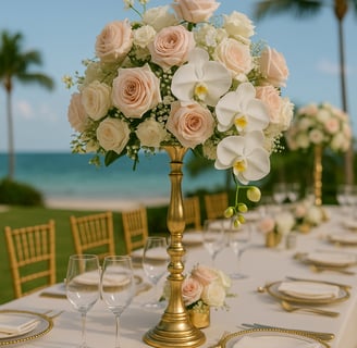 Elegant close-up of luxury event table settings with floral arrangements, gold accents, and premium decor by Las Carolinas Ev