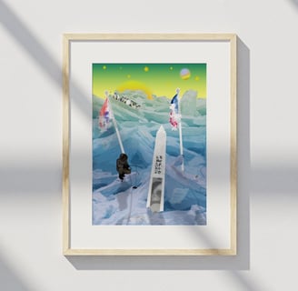 Framed print of an icy border scene with penguins and obelisk
