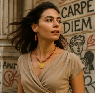 a woman in a tan top and black pants