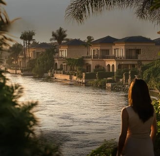 Scenic sunset view of waterfront villas in Jirian overlooking the New Nile – Mountain View × Nations