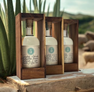 Botellas de Lu Mezcal con fondo de naturaleza con mezcales