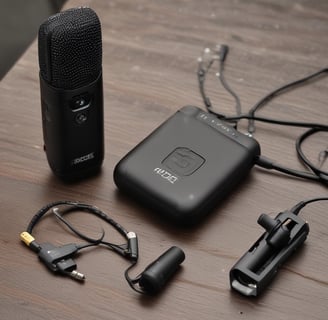 A flat lay of various electronic gadgets and accessories on a white background includes a camera, smartphone, wireless earbuds, computer mouse, portable hard drive, camera lens, and a tripod. A tablet with a dark cover is positioned centrally, accompanied by a lens cap.