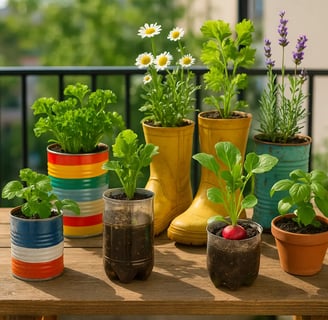 Plantes aromatiques et légumes en pot sur un balcon, cultivés dans des contenants originaux