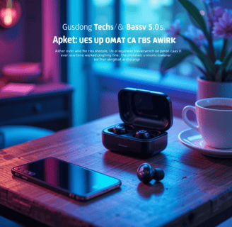 fone de ouvido Gusdong Tech Basswaves sobre uma mesa ao lado de um smartfone e uma xícara com café.