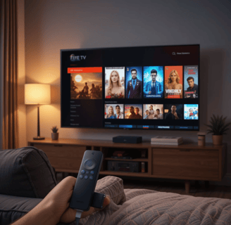 mão segurando o fire tv stich lite 2ª geração em frente a uma tv pendurada em uma parede.
