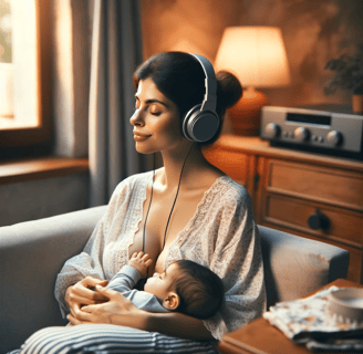 a woman with headphones and headphones on a couch