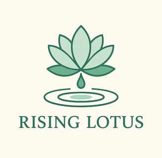 Illustration of a green lotus flower rising out water, with a drip of water that causes a ripple on a cream background