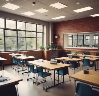 a classroom with desks plants windows and chairs and a desk