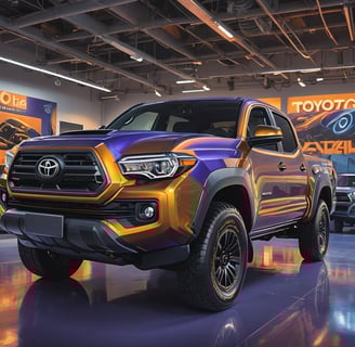 a purple toyota tacoma is parked in a showroom