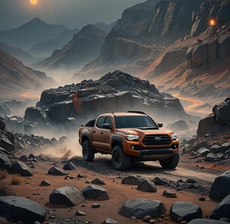 a truck driving through a rocky terrain