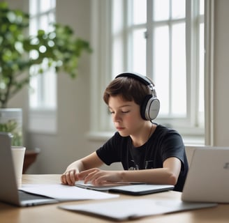 Niño de entre 8-10 años con auriclares puestos y escribiendo en el laptop