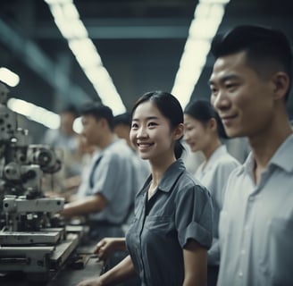 a woman in a factory with a man in a factory