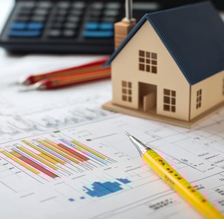 model house with pens and calculator