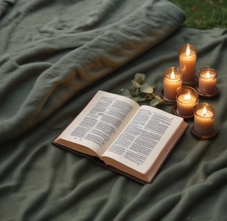 A lit candle is surrounded by red roses and a crown of thorns. A small religious card depicting a figure with a heart is placed nearby, along with seashells and a wooden heart.