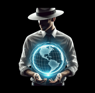 a man in a white hat and a hat holding a globe