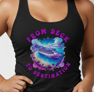 a woman in a tank top with a boat in the water