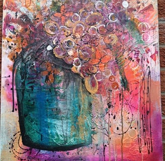 a painting of a vase with flowers abstract and loose