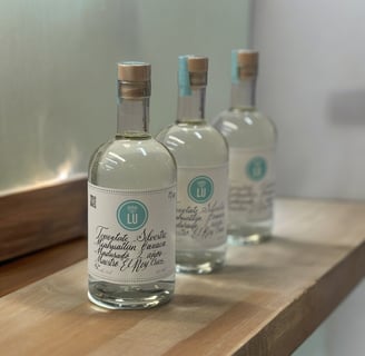 Botellas de Lu Mezcal con fondo blanco en una mesa de madera