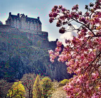 Château d'Edimbourg depuis Princes Street et ses arbres fleuris