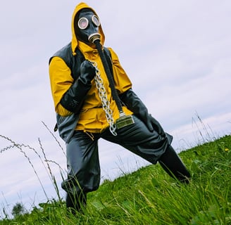 FTSH Studios model (s) Oscar Thickk UK Fetish Model wearing farmerrain bodysuit, raincoat, gloves, gas mask, chains