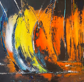 une tableau peint sur fond noir avec des voiles de bateaux abstraite de couleur jaune orange rouge