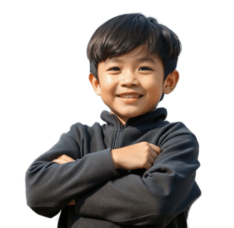 A young kid with his hand crossed and smiling with proudly to click the buttons