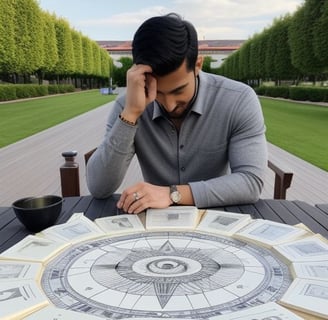 a man sitting at a table with a compass on it