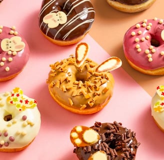 a variety of donuts and donuts on a pink background