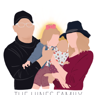 Illustration of family, including father, mother, toddler daughter with halo and rainbow baby