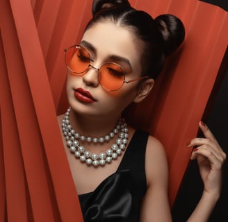 Foto de mulher utilizando óculos com lentes laranja e colar de pérolas.