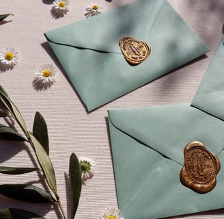 sage green envelopes with custom wax seal flowers and olive branches
