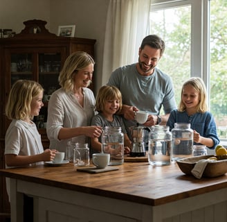 a family gathering around a table with a man and two children