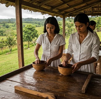 two women in white dresses are standing in front of a table