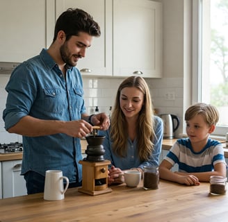 a man and woman are standing in a kitchen