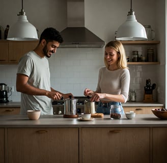 a man and woman cooking in a kitchen
