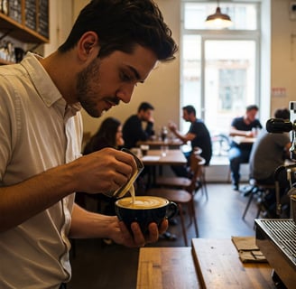 a man is holding a cup of coffee
