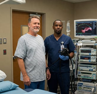 Homem realizado endoscopia para diagnóstico de câncer de estômago