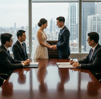 a bride and groom are standing in front of a large window