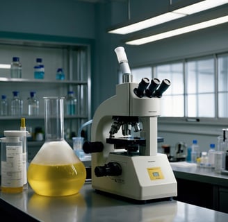 Urina de 24 hs e microscópio encima da bancada de um laboratório