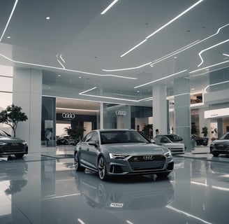 a car in a showroom with a lot of cars