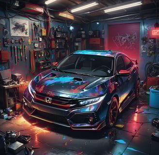 a car in a garage with a car in the background