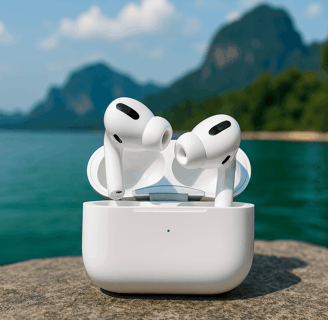 AirPods Pro 2 sitting on a stone on a Thailand Beach with the ocean in the background