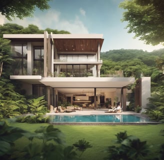 A homeowner admiring the finished result of their dream home, surrounded by lush greenery