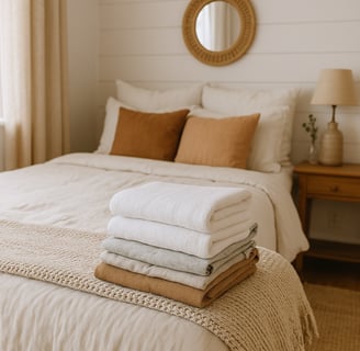 Cozy Airbnb setup with folded laundry