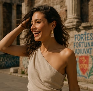 a woman in a dress standing in front of a building