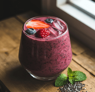Chia berry smoothie in a glass topped with fresh strawberries, blueberries, and raspberries
