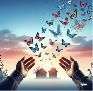 person holding their hands up to a house with butterflies. "Think Like a Monk: Train Your Mind for P