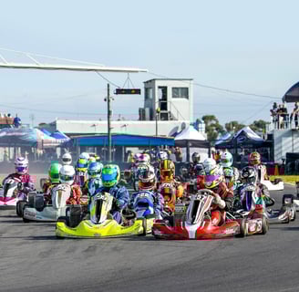 Groupe de karts alignés sur une ligne de départ pour une course.
