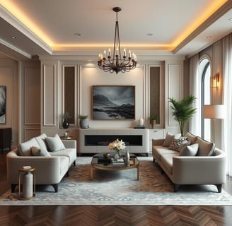 a living room with a couch and a chandelier