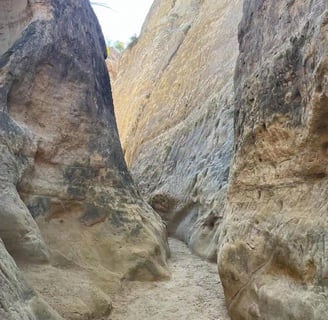 a narrow section of Annie's Canyon Trail. tall, steep rocks on either side of the trail.